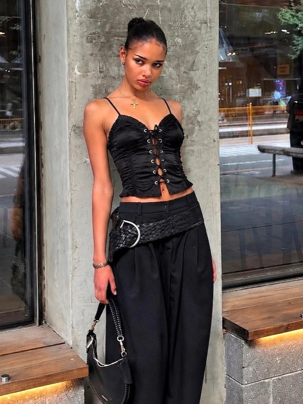 Cider Satin Lace-Up Corset Crop Top